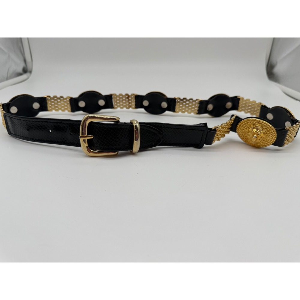 Vintage Style Lion Head Medallion Belt Black Gold Mesh Chain Link M/L